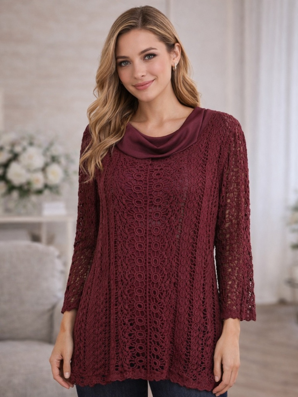 Christopher & Banks Crochet Wine Top (L):